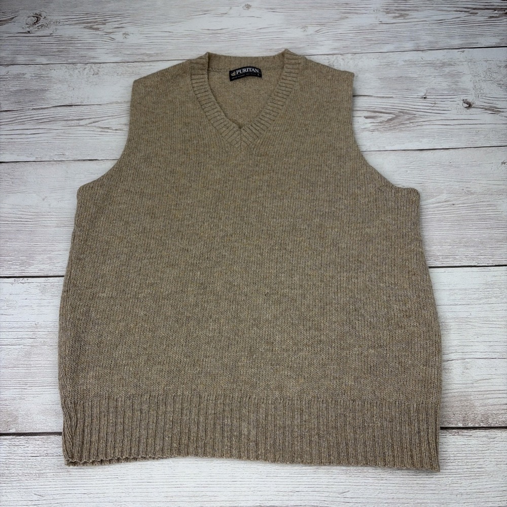 VTG 90s Men's Large Puritan Tan Beige V Neck Sweater Vest USA Made Wool Blend
